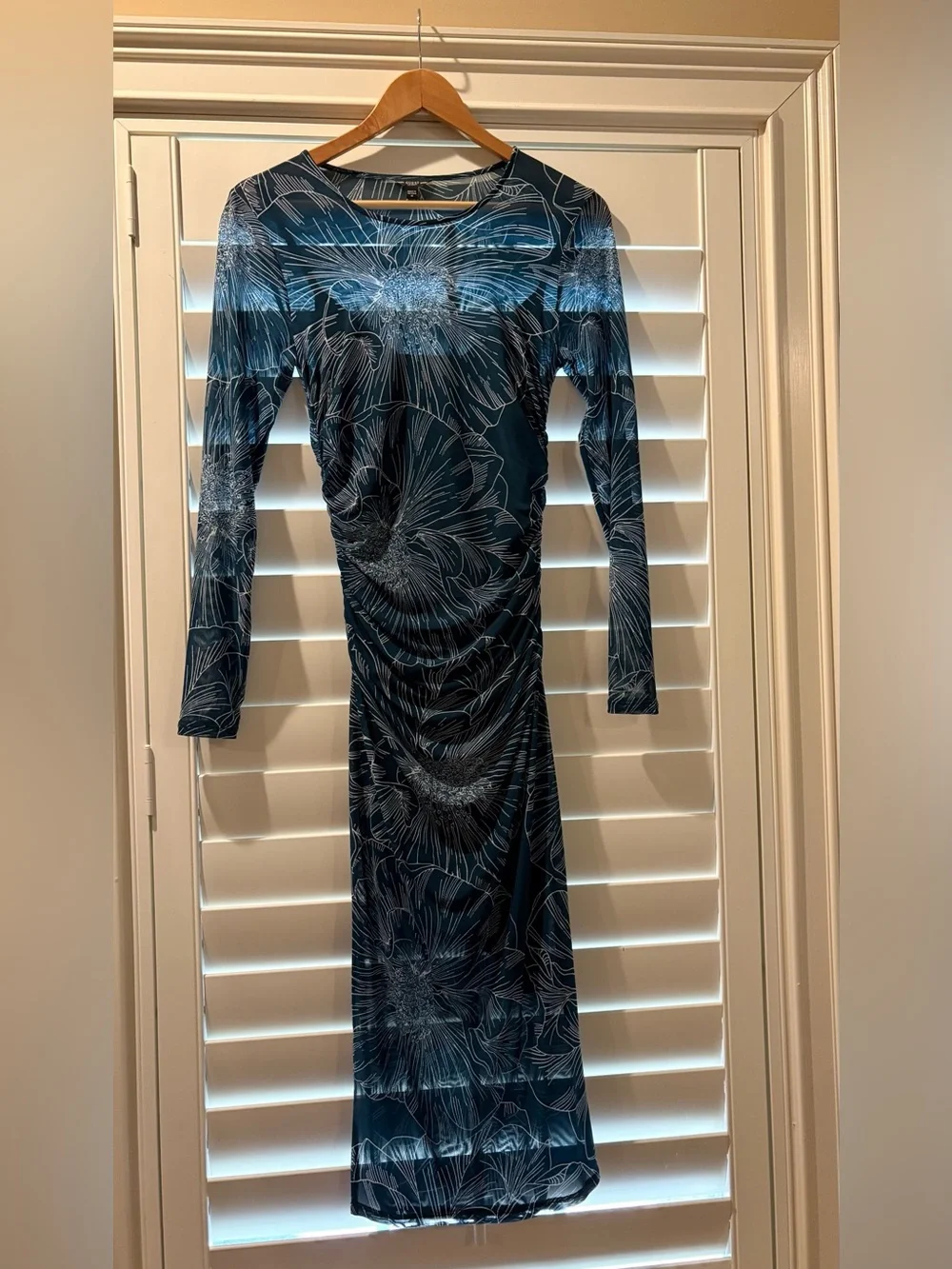 Guess Teal Floral Mesh Long-Sleeve Sheath Dress - Picture 3 of 8